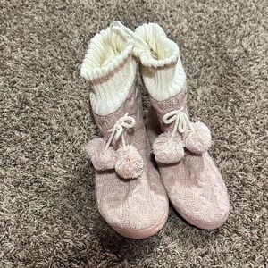 Ardene Soft Pink and Cream Slippers with Pom Poms